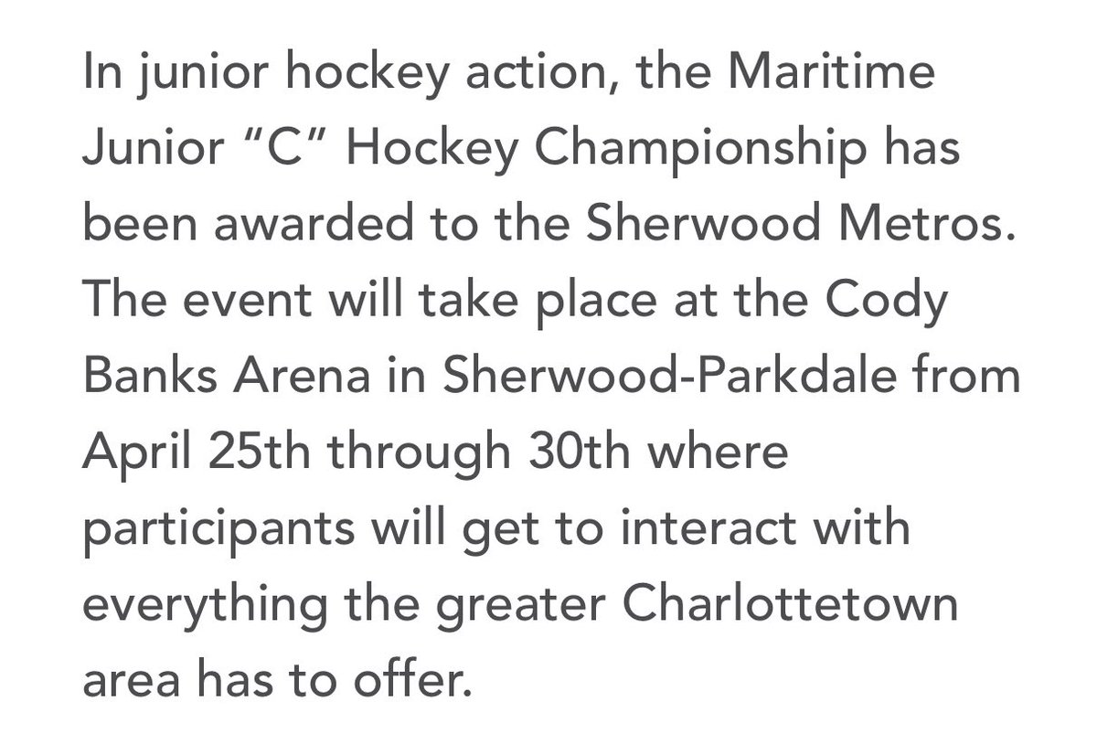 Happy to announce that we have been selected for the 2022-23 Maritime Junior C Hockey Championship Hosts.

<a href="/HockeyPEI/">Hockey PEI</a> <a href="/PaulMSports/">Paul M. Schurman</a> <a href="/JpsportsJason/">Jason Simmonds</a> <a href="/SportsGuardian/">Guardian Sports</a>