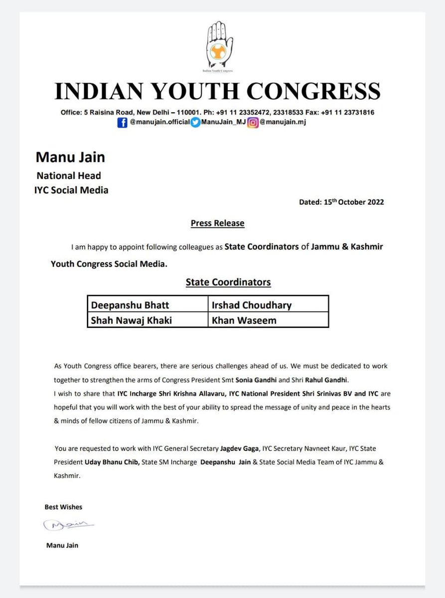 TabasumShafi2's tweet photo. My heartiest congratulations &amp; best wishes to @IrshadCh_ for being appointed as State Co-ordinator Media deptt @iyc @IYCJammuKashmir.
It's pride moment for Whole Kashmir that young faces getting space in J&amp;K politics.
#ErIrshadForKashmir 
We thank @srinivasiyc for this space ! https://t.co/vMX4Sm49Zb