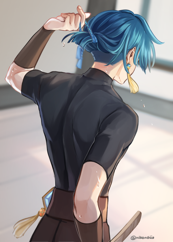 1boy male focus blue hair solo tying hair chinese clothes bangs  illustration images