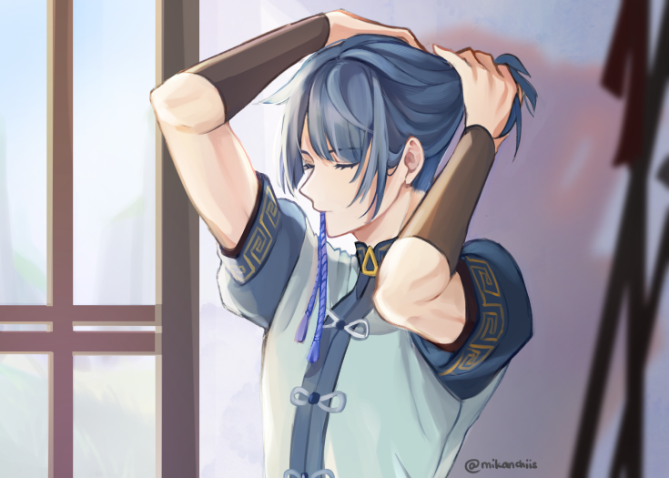 1boy male focus blue hair solo tying hair chinese clothes bangs  illustration images