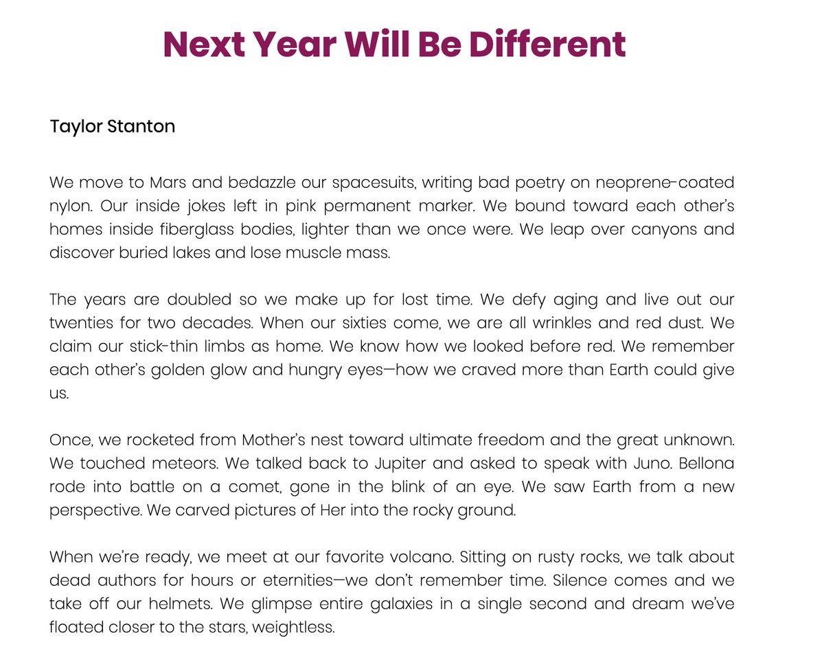 Taylor Stanton (she/her) (@taylorstanton89) on Twitter photo My flash fic about moving to Mars appears in <a href="/interstellarlit/">interstellar literary review | issue 05 out now!</a> today! ๐ โญ๏ธโจ I'm happy to be included in issue five surrounded by so many other lovely pieces.
interstellarlit.com/issue-05/next-โฆ My flash fic about moving to Mars appears in <a href="/interstellarlit/">interstellar literary review | issue 05 out now!</a> today! ๐ โญ๏ธโจ I'm happy to be included in issue five surrounded by so many other lovely pieces.
interstellarlit.com/issue-05/next-โฆ