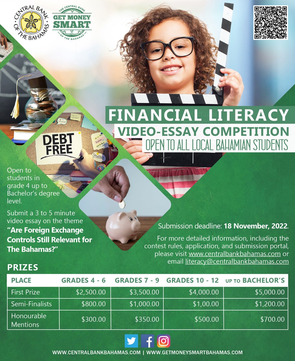 Local Bahamian students (grade 4 - Bachelor’s degree) could #WIN up to $5,000! We've joined <a href="/CentralbankBS1/">Central Bank of The Bahamas</a> for the 3rd annual #FinancialLiteracy #VideoEssay #Competition. 

Deadline: 18-Nov-2022. Visit bit.ly/3Vueo4w for details.

#getmoneysmart #getmoneysmartbahamas
