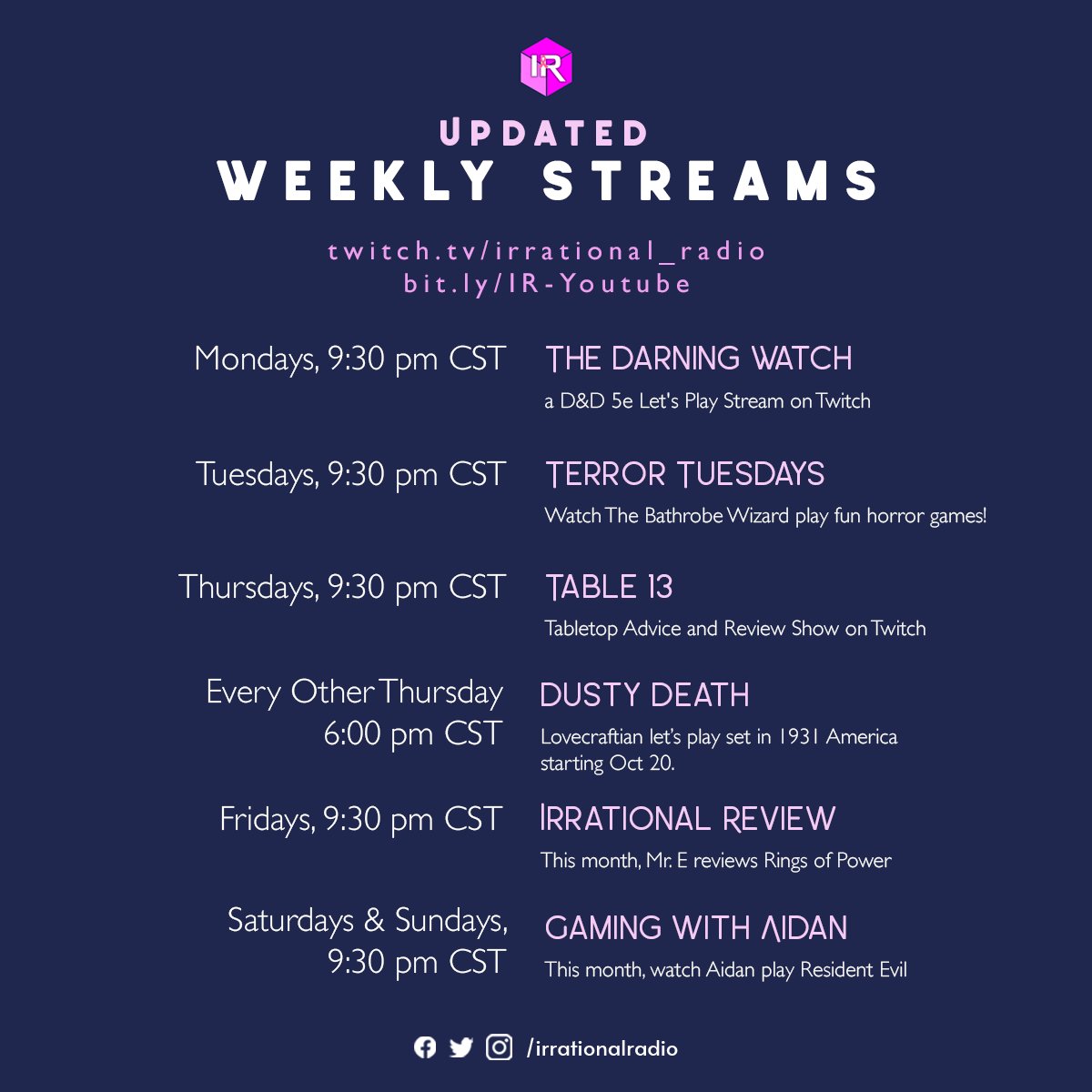 IrrationalRadio's tweet photo. We have updated our Weekly Stream Schedule with a fun new project!

Come check us out on Twitch:
https://t.co/A5SbD6CNNz

Join our discord server today!
https://t.co/svfEoRwQO3 https://t.co/E6ay9G21gQ