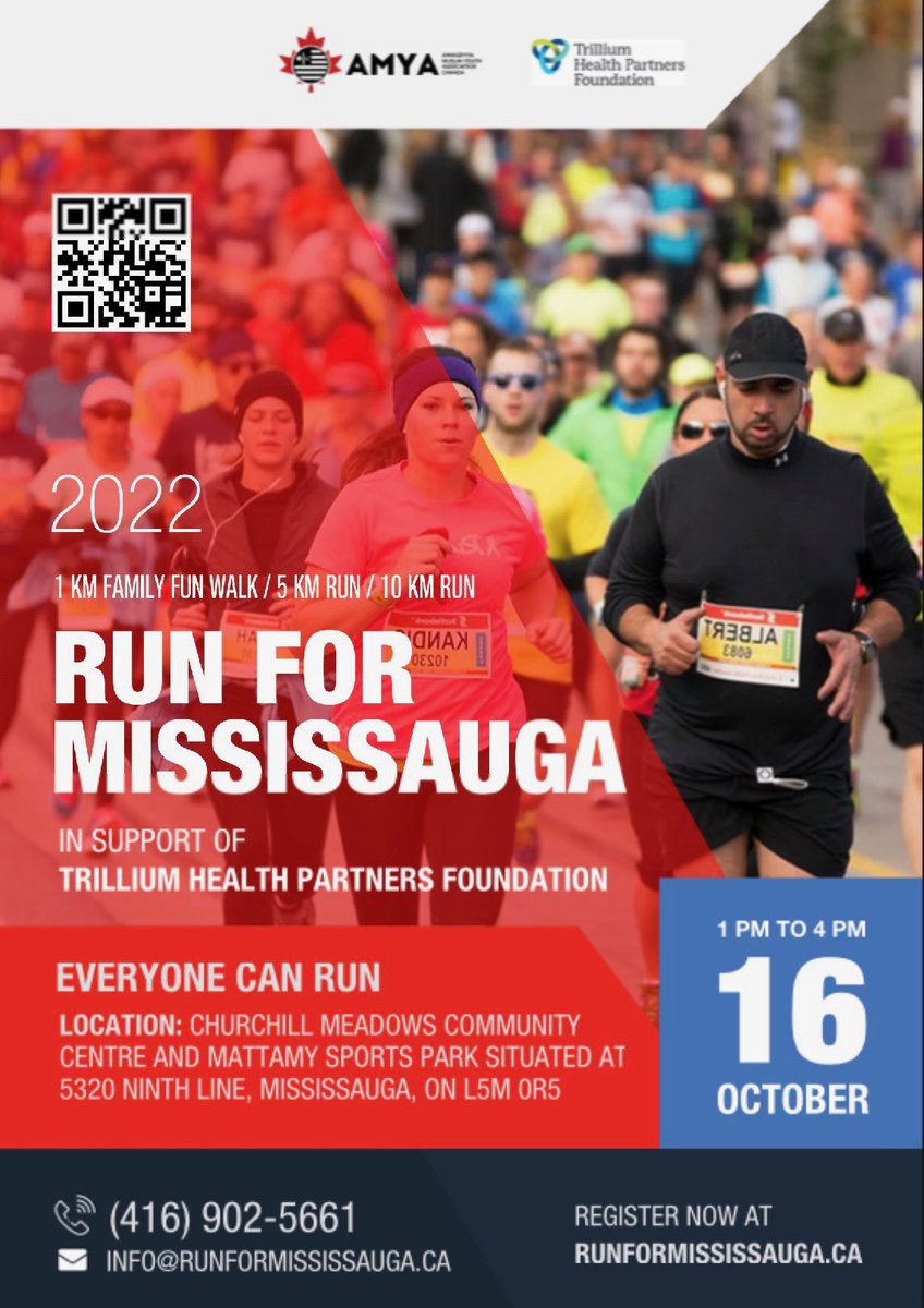 The annual @Run4Sauga hosted by the @AMYAMississauga community will be held on October 16th at Churchill Meadows Community Centre! This lovely event is in support to redevelopment of @THP_hospital Mississauga Hospital. Register or donate at: runformississauga.ca