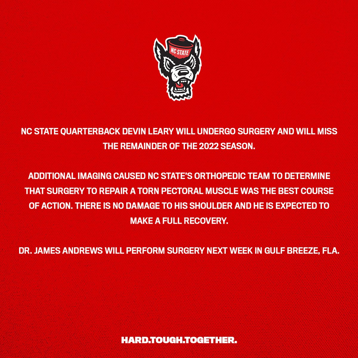 PackFootball's tweet photo. An update on quarterback Devin Leary: https://t.co/YXGtnhSMBI