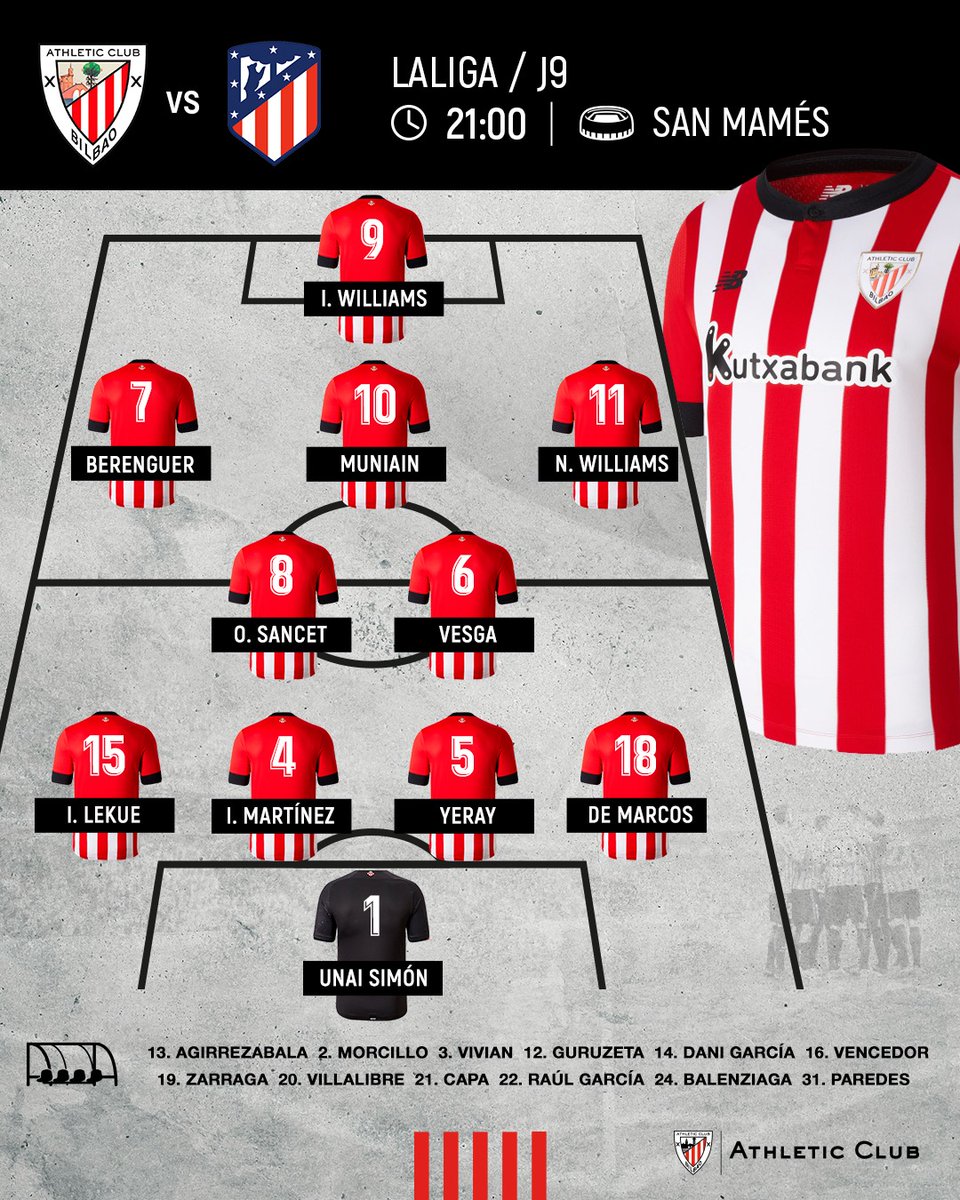 AthleticClub's tweet photo. ALINEACIÓN I Los 1️⃣1️⃣ leones que buscarán de inicio en San Mamés la victoria frente al @Atleti 👇

#AthleticAtleti #AthleticClub 🦁 https://t.co/7nuyVwTMHZ