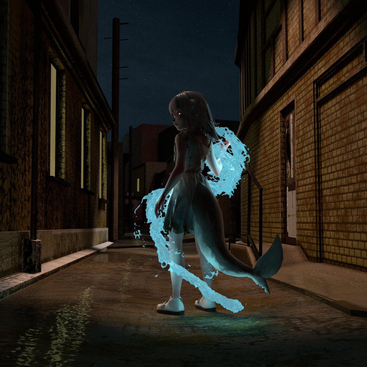 Poltergayyst's tweet image. Small render of Gura using the #DetectiveDiaries models and the Alleyway background

#gawrt