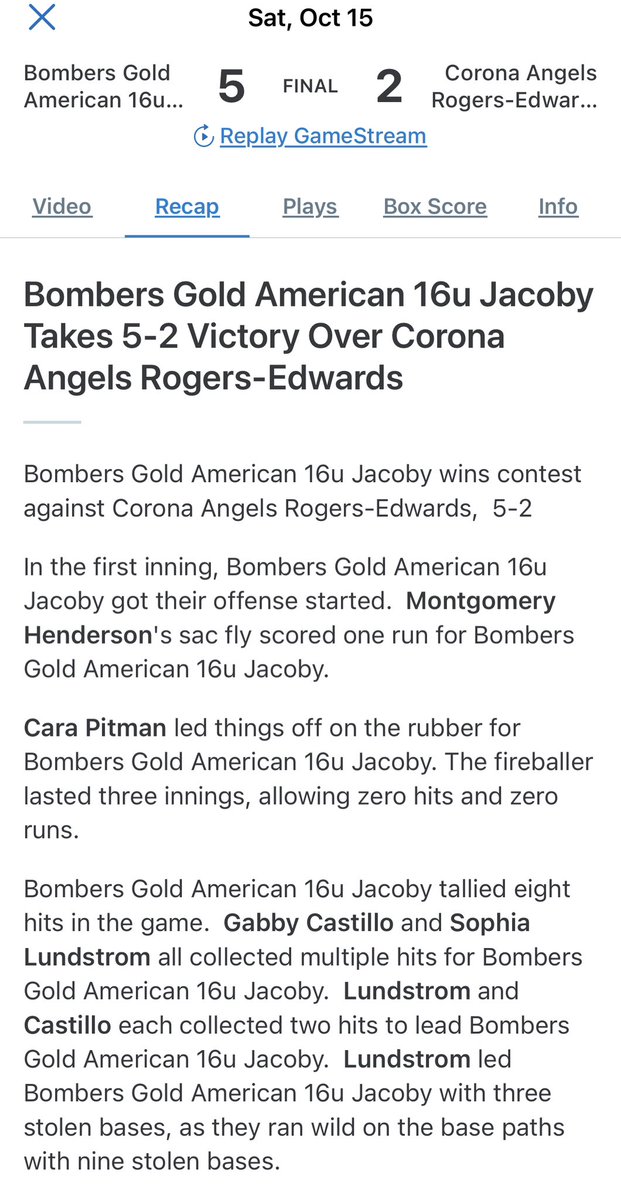 CaraPitman's tweet photo. Excited for our wins today!  Pitched a great game this morning with my defense behind me over the Corona Angels topped off with a 3-run Homerun!!  @JacobyBG16U @bombers_academy @dawson_eaglesSB https://t.co/BelxOXlFlq