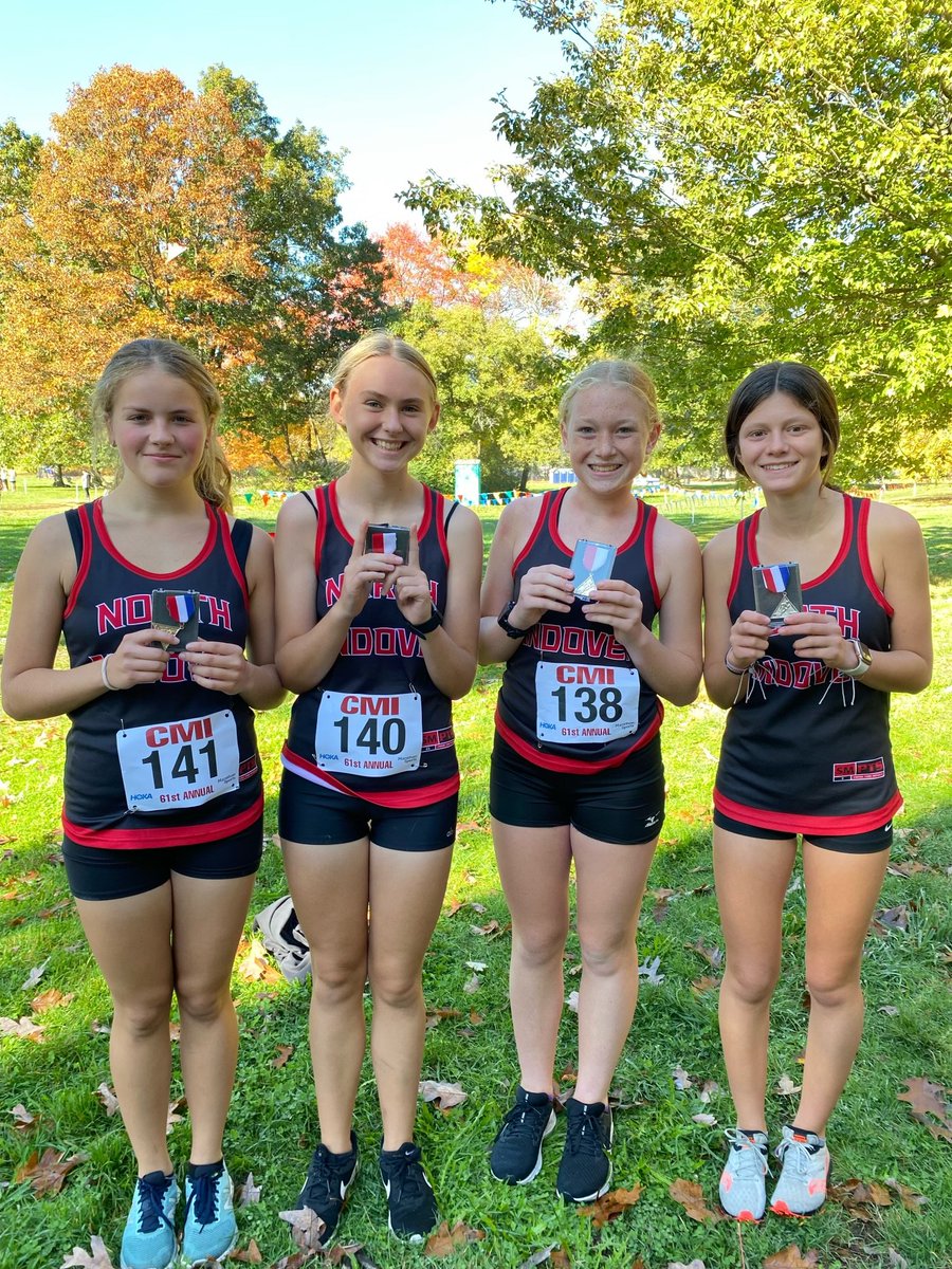 NorthAndoverXC's tweet photo. Frosh girls medal at Catholic Memorial in the 3K.   Maddie Wolfe (8th), Callista Giles (25th) Lauren Maher (29th) and Autumn McCarthy (30th) https://t.co/C6XWCEDj6e