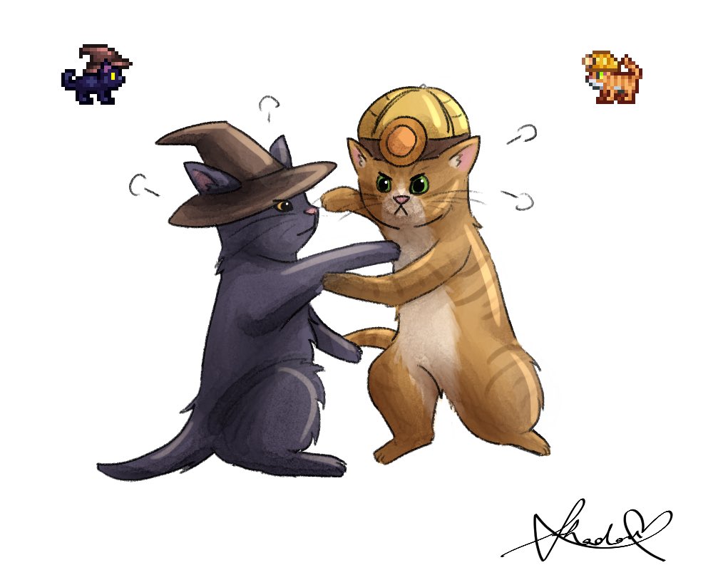 shadouette's tweet photo. Day 15 of #Terratober, Black cat (unlucky yarn) vs Dynamite kitten (ball o’ fuse wire) 🐈⬛🐈
Respective weapons removed for fairness :P https://t.co/3Id5EckxiI