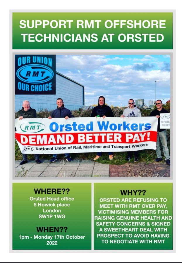 If you’re free on Monday, please join this demo in central London to support @RMTunion Orsted offshore energy workers in their fight over pay, workplace conditions, and union recognition.