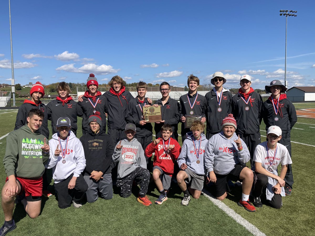 MrWalters225's tweet photo. Sheridan’s boys XC won the MVL Championship! Tate Ruthers(16:40) and Simon Conrad (17:04) went 1-2. John Skinner (5th), Raine Rodich (12th), Isaiah Brown (13th) and Hugh Sweazy (14th) were also All-MVL. This is the 14th MVL title in the last 15 years for the boys team https://t.co/TBBqSsPywn