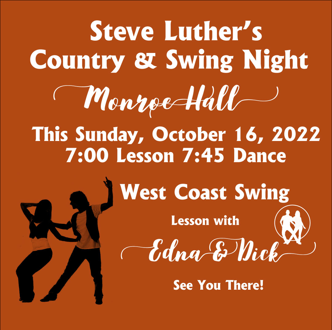 Another Sunday Night Dance at Monroe Hall in Santa Rosa. Dick and I are teaching the Int. West Coast Swing.  There are line dance lessons 5:00, a beg. Cha Cha class at 7:00 #LearntodanceinSantaRosa #SantaRosadance
#danceteacherssonomacounty #dancewithEdnanadDick