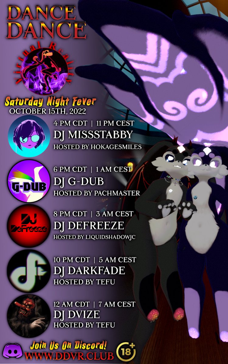 Saturday Night Fever tonight! 💜❤️

DJ Lineup:
<a href="/MissStabby/">Miss Stabby</a> 
<a href="/GDub__/">G-Dub</a> 
<a href="/TheDeFreeze/">DeFreeze</a> 
<a href="/darkfade/">DΛRKFΛDΞ</a> 
<a href="/dvize_/">Dan</a> 

Join us on Discord for more info: DDVR.club

#VR #VRC #VRDJ #VRChat