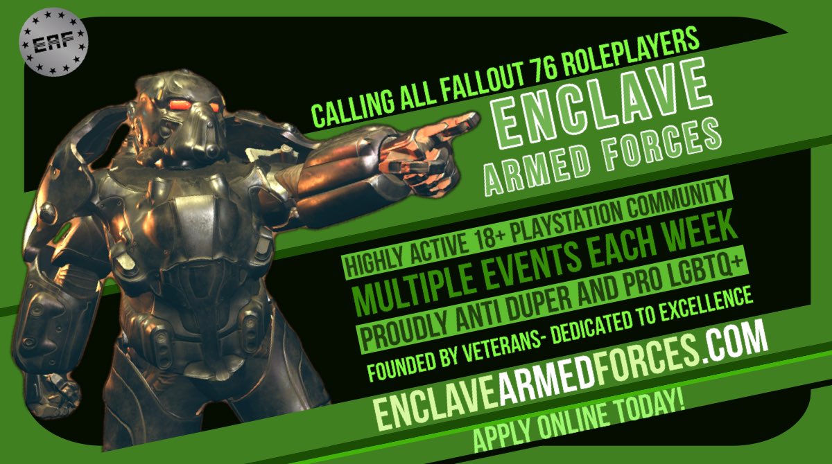 BarnettOfficer's tweet photo. Looking for a mature group to Roleplay with? Come check us out! https://t.co/jeEgnTxuvP #Fallout76 #fallout https://t.co/Nw0m5QYGsR