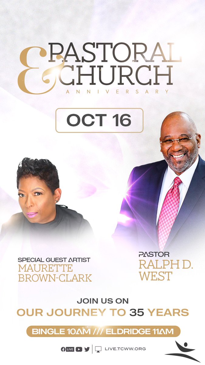 TCWWHouston's tweet image. The celebration continues this Sunday, October 16 with Guest Psalmist Maurette Brown-Clark @maurettebclark 

10:00am 
5314 Bingle Campus
Houston, TX 77092

11:00am
7500 Eldridge Parkway 
Houston, TX 77083

35.tcww.org
#Pas35 #WeLovePas #Celebrating35Years #iAmTCWW