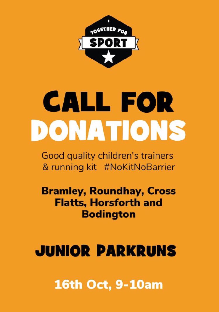 Bramley_jpr's tweet photo. Help us help others access sport across #Leeds with the #NoKitNoBarrier campaign. Make donations of kids sports kit & trainers at Bramley junior parkrun tomorrow and our #parkrun friends at @HorsforthHalljp @rdhayjnrparkrun @bodingtonjunior because we're all #TogetherForSport ♻️ https://t.co/V3zQxO6XaU