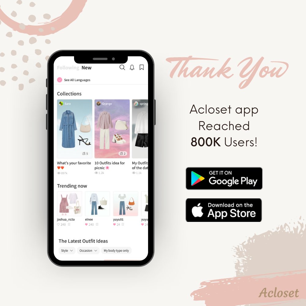 #Acloset app reached  800K users!🎉
Thank you, our fans!🙏

Acloset provides a new way to select outfits, shop for fashion items, and share fashion ideas with others based on your closet.

Download it on Google Play or App Store!
koreatechdesk.com/korean-startup… #outfitdiary #YourAICloset