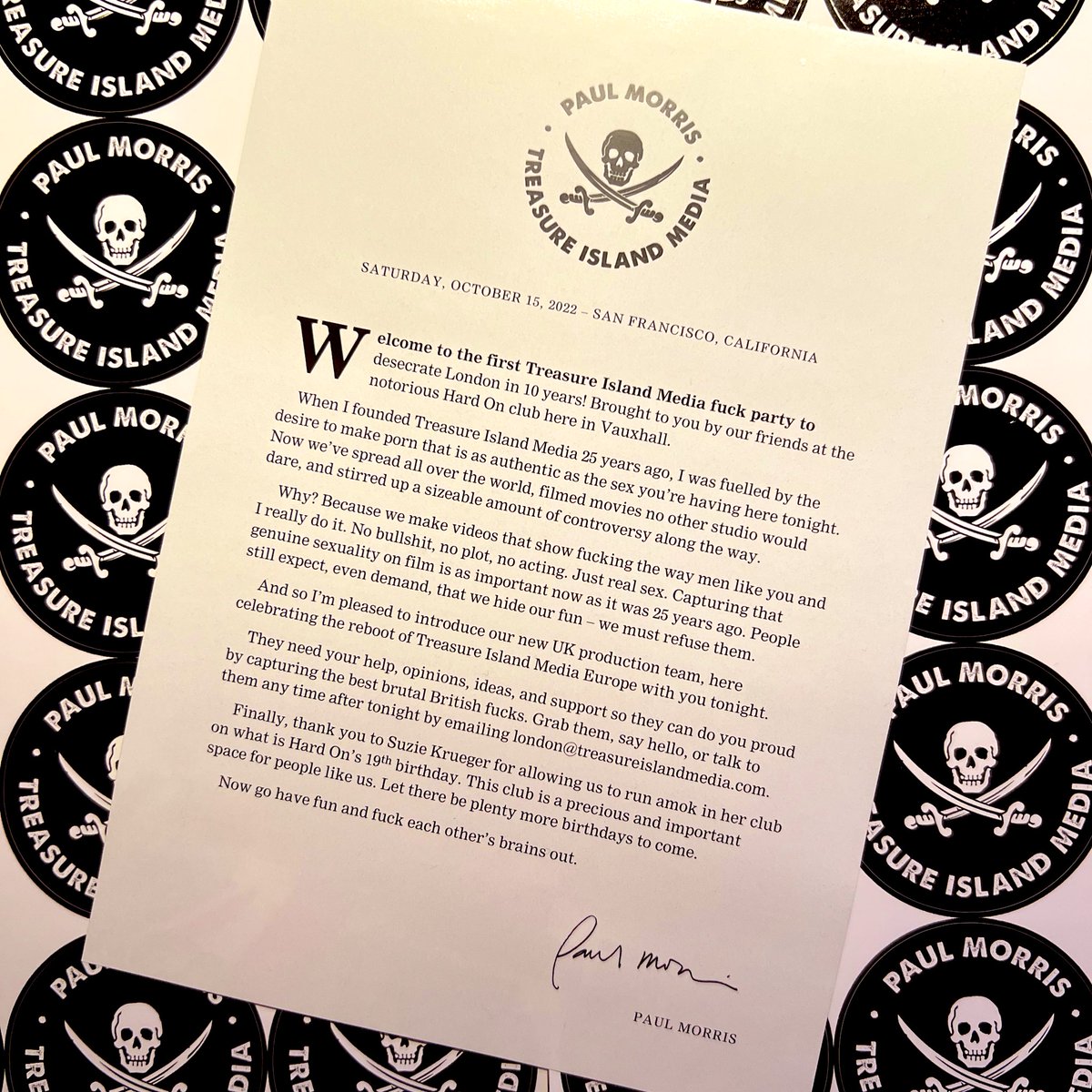 TIMPorn's tweet photo. ✉️ An open letter to the men of Britain… 

On the day of Treasure Island Media’s first UK sex party in 10 years, our founder @paulmorrisTIM writes to the men of Britain.

Go forth and fuck each other’s brains out!

Read the note in full ➡️ https://t.co/Sz5PN4Nyba https://t.co/RnXr8AcAHy