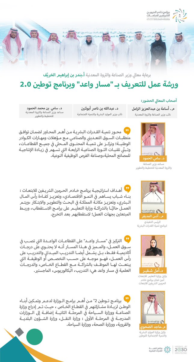 SA_Scholarships's tweet image. أبرز ما ذكره أصحاب المعالي
والسعادة المشاركون في ورشة 
عمل "التعريف بمسار واعد 
وبرنامج توطين 2 "