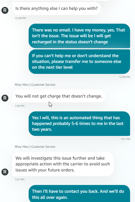davidnta's tweet photo. @AmazonHelp This particular customer service rep was very unhelpful and eventually dropped me when I asked to speak to someone on a different tier. All I wanted was for my refund status to change so I don't get charged again for something I returned months ago. https://t.co/E2Pf4ICstg