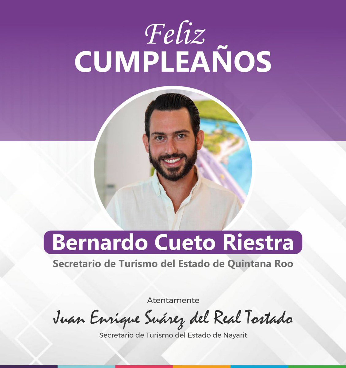Felicito con mucho afecto a Bernardo Cueto Riestra (<a href="/bernardocuetomx/">Bernardo Cueto</a>), titular de la <a href="/SedeturQROO/">Sría. de Turismo Quintana Roo</a>, hoy en su cumpleaños. Que la vida le brinde muchas más bendiciones estimado Secretario. ¡Abrazo fuerte!