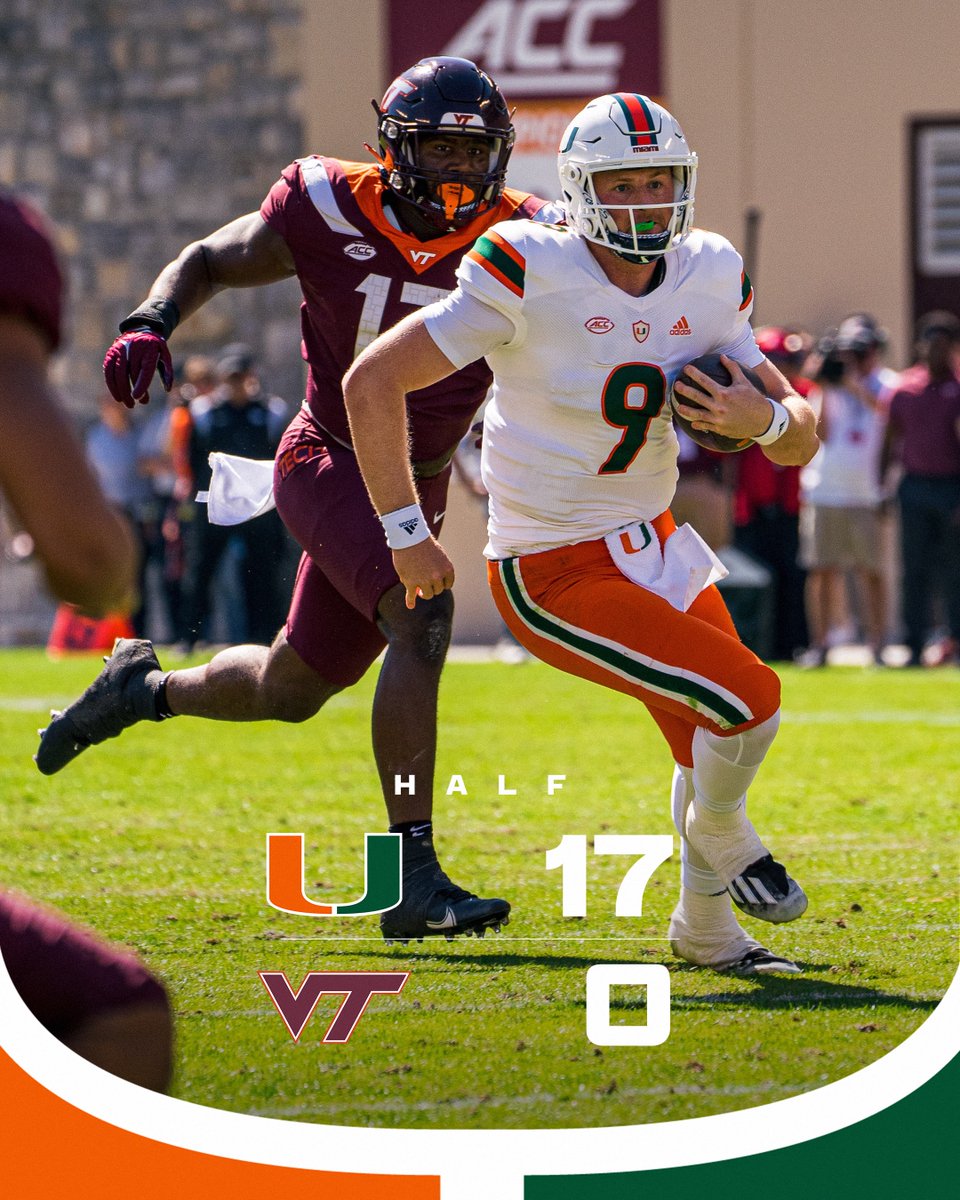 CanesFootball's tweet image. Canes up 17-0 at the half in Blacksburg.