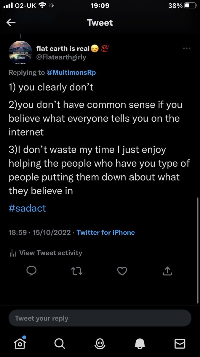 Flatearthgirly's tweet photo. Isn’t it funny when someone try’s to argue about the flat earth but can’t when it comes to the earth being a ball☺️ another globie debunked ☺️☺️☺️ #flatearthisreal #sadact #debunked #globies https://t.co/BPupeAHGfH