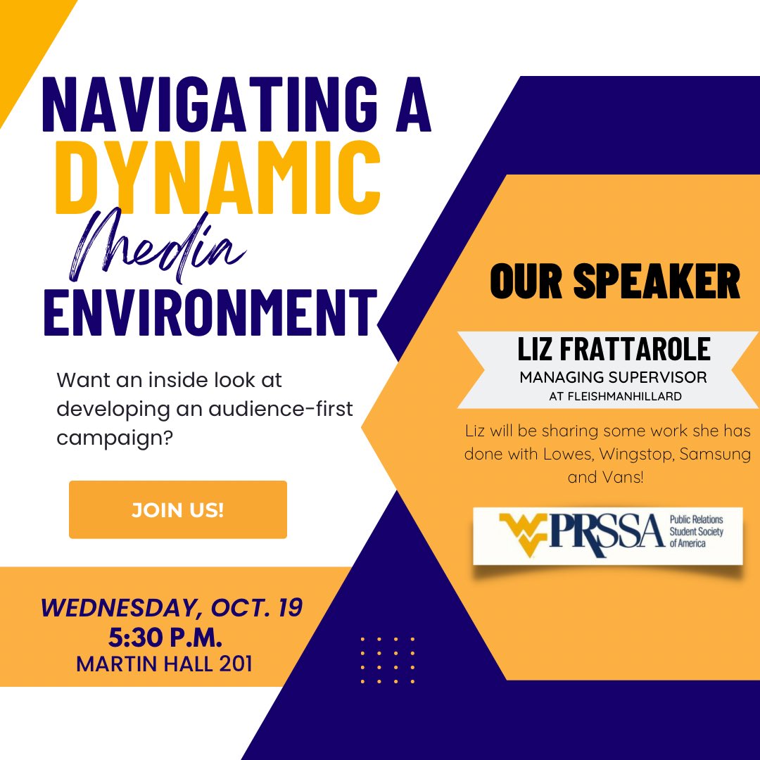 Want an inside look at developing an audience-first campaign?

Join us THIS Wednesday to hear from Liz Frattarole on her work that she has done with Lowes, Wingstop, Samsung and Vans‼️‼️🥳🥳

🗓️ Wednesday, Oct. 19
⏰ 5:30 p.m.
📍 Martin Hall Room 201
