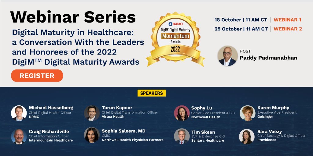 📢3 DAYS to go! 
A webinar series featuring the winners of the DigiMTM Digital Maturity Momentum Awards to share their experiences and insights from their digital transformation journey. Register now: us02web.zoom.us/webinar/regist… <a href="/PaddyPadmanabha/">Paddy Padmanabhan</a>
#digitalmaturity #healthsystems