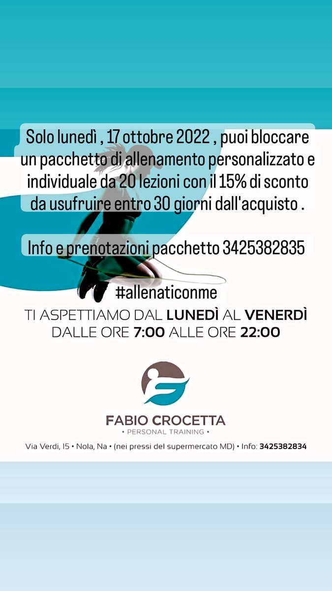 FabioCrocetta's tweet photo. Solo lunedì , 17 ottobre 2022 , puoi bloccare un pacchetto di allenamento personalizzato e individuale da 20 lezioni con il 15% di sconto da usufruire entro 30 giorni dall'acquisto .

Info e prenotazioni pacchetto 3425382835 

#allenaticonme 

#functionaltraining #wellness https://t.co/bJUF1pNlgG