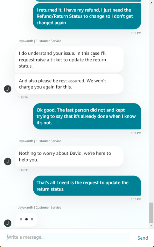 davidnta's tweet photo. @AmazonHelp Also, unlike Rhey Marc, Jayakanth understood my situation in less than 3 minutes. where it took Rhey Marc like 30 minutes of giving me the runaround. Give Jayakanth high marks in your system and mark Rhey Marc down for further training https://t.co/Qmbi8V6EYk