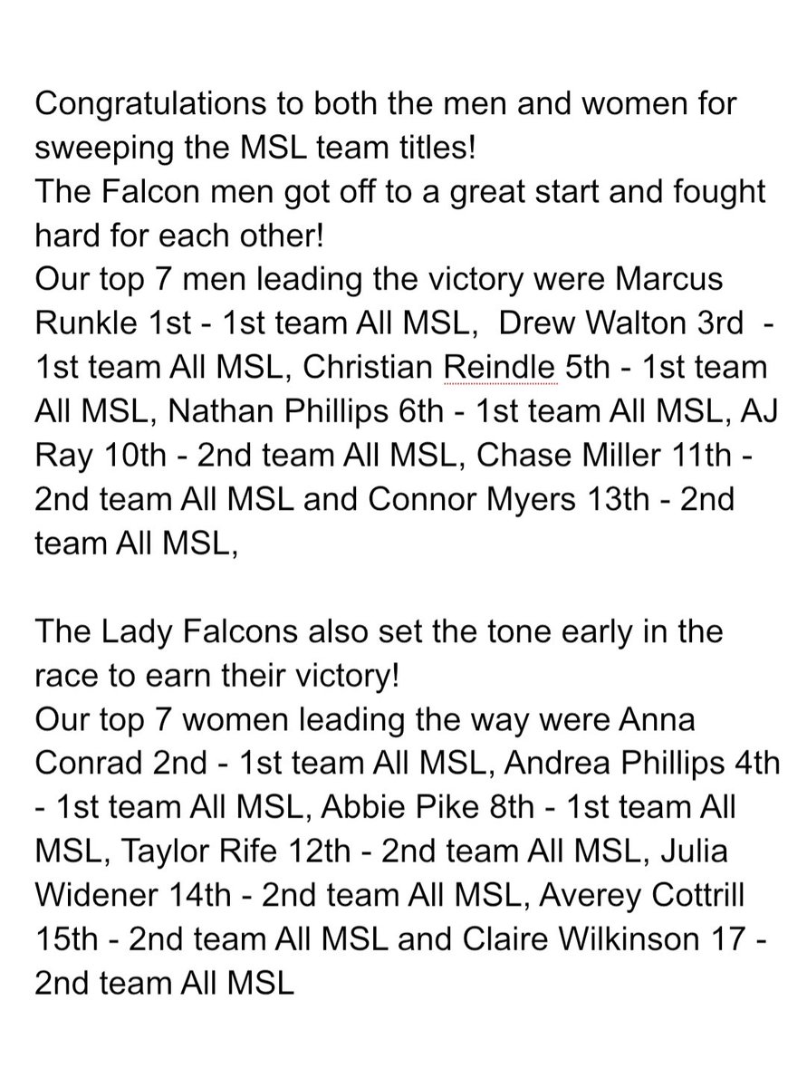 bringingxcback3's tweet photo. The Falcon Men and Women sweep MSL team titles. Both teams ran tough to help get the double win. #FalconPride https://t.co/K521olt8sX