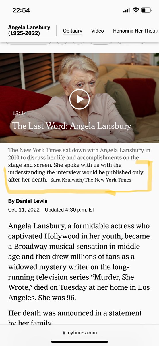 Ignacio_Nuno's tweet photo. It must be a strong feeling to give an interview that you know will only be published after your death.

#angelalandsbury for the @nytimes https://t.co/CXJYGoLAVG