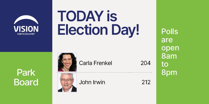 Today is Election Day!

Vote for Vision Vancouver's experienced Park Board candidates, champions for active transportation, parks and community centres.

Learn more about the candidates at votevision.ca/candidates?fil…

#vanpoli #votevision