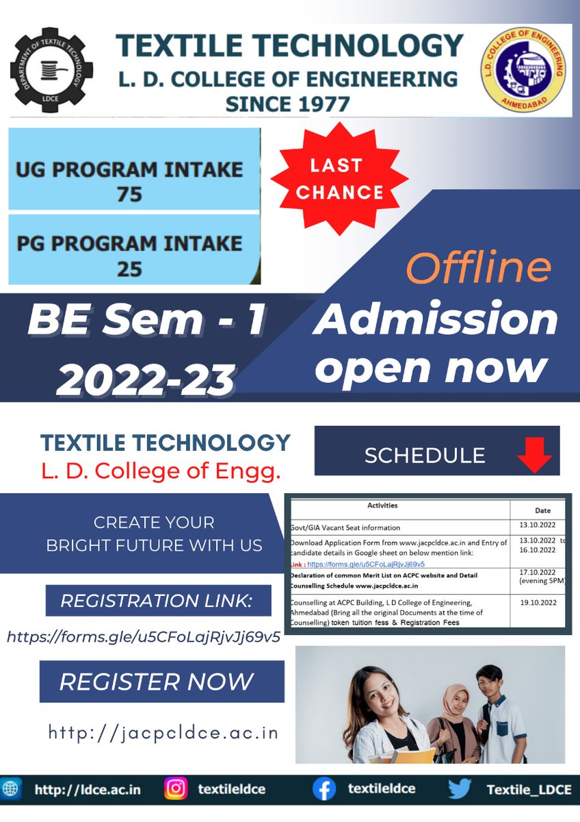 Textile_LDCE's tweet photo. Offline admission open for BE Sem 1 in Textile Technology, L D College of Engineering,  Ahmedabad. – at L D College Of Engineering. https://t.co/Q3PuLdcKHB