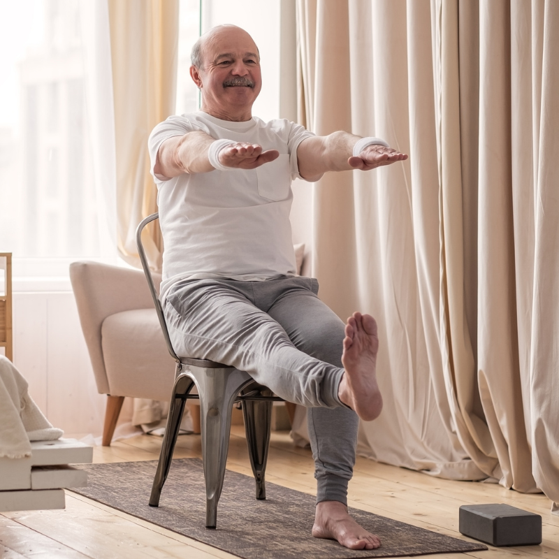 AbbingtonCare's tweet photo. Chair #yoga is an exceptional, low-impact exercise for seniors. Plus, it is proven to boost #mentalhealth and improve mobility, balance, strength and sleep. #SeniorTips https://t.co/DR2f77KSEL