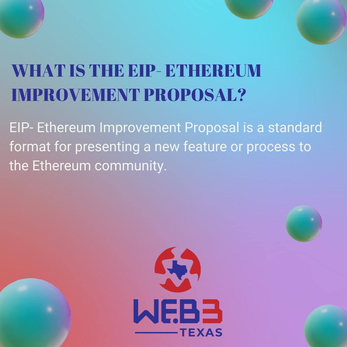Web3TX's tweet photo. One Word A day!💡 EIPs, or Ethereum Improvement Proposals, are a great way to get your new feature or process in front of the Ethereum community. https://t.co/pLorAOKUeP