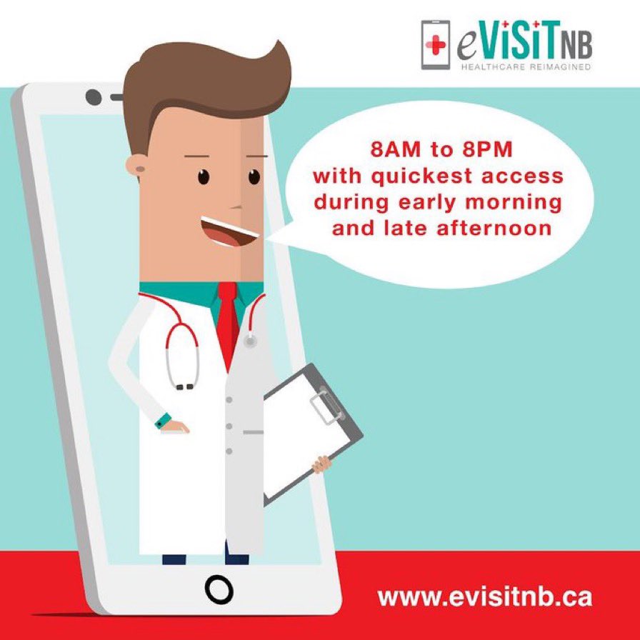 eVisitNB's Online Medical Clinic is available from 8 am to 8 pm 7 days a week 

Learn More -> evisitnb.ca <-
#NBHealth