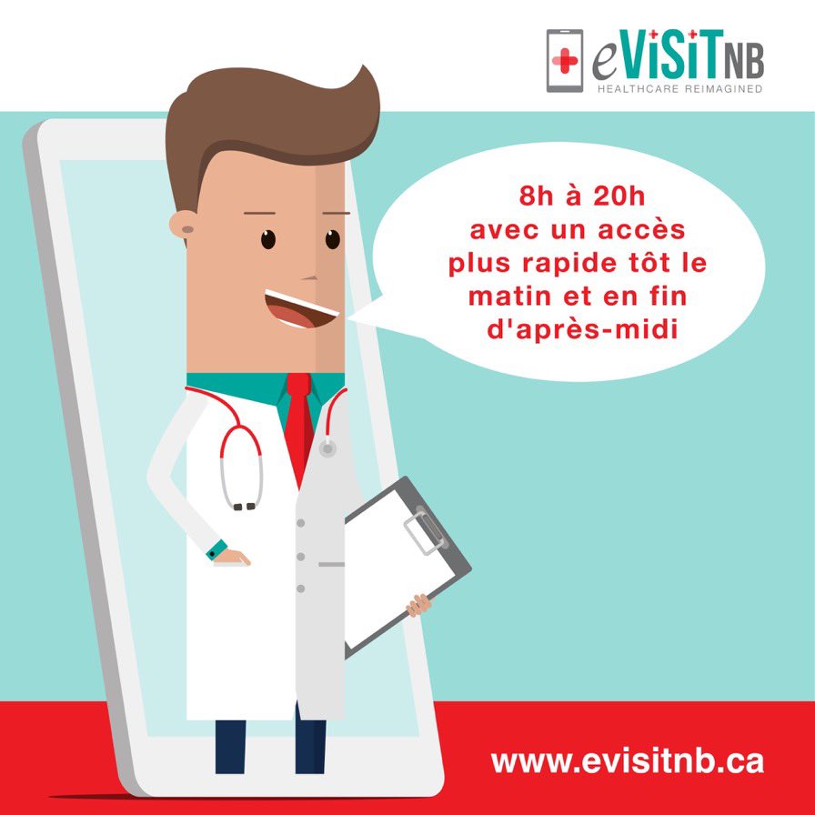 La clinique médicale en ligne d'eVisitNB est disponible de 8 h à 20 h, 7 jours sur 7

Apprendre encore plus Fr.eVisitNB.ca #NBHealth