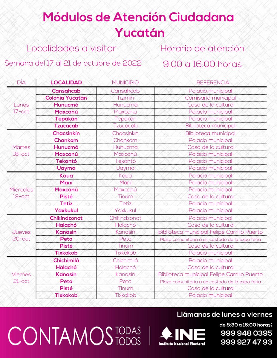 INEYucatan's tweet photo. Atención municipios de: #cansacab #Tizimín #Hunucmá #Maxcanú #Tepakán #Chacsinkín #chamkom #Tekantó #Uayma #kaua #maní #Tinum #Tetiz #Yaxkukul #Chikindzonott #Halacho #Kanasín #peto #Tixkokob, los módulos de atención ciudadana del @INEYucatan les visitarán del 17 al 21 de octubre https://t.co/GQsR4aj6Wn