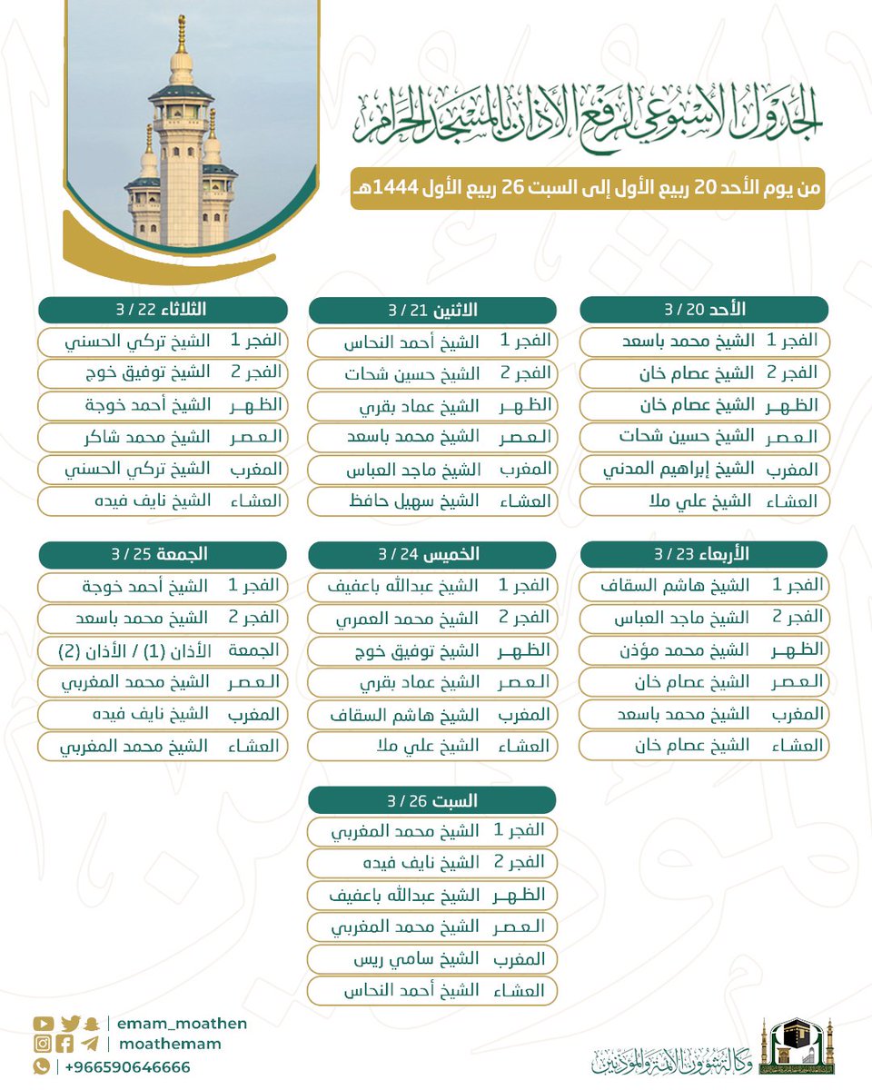 Emam_moathen's tweet photo. جدول المؤذنين الأسبوعي بالمسجد الحرام من يوم الأحد 20 ربيع الأول إلى السبت 26 ربيع الأول 1444هـ.

⁧#إدارة_شؤون_المؤذنين⁩
⁧#وكالة_شؤون_الأئمةوالمؤذنين https://t.co/I2BIqAA5IR