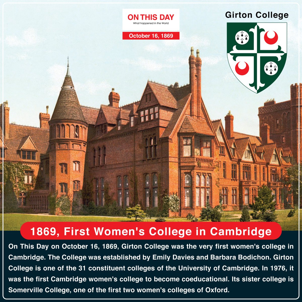 OnThisDayInWor1's tweet photo. #OnThisDay 1869, The first Women's College in Cambridge
@GirtonCollege
#october #october16 #doyouknow #historytoday #in1869 #153yeasrago #GirtonCollege #emilydavies #barbarabodichon #cambridge #firstwomenscollege #firstwomenscollegecambridge https://t.co/VraOE6SALy