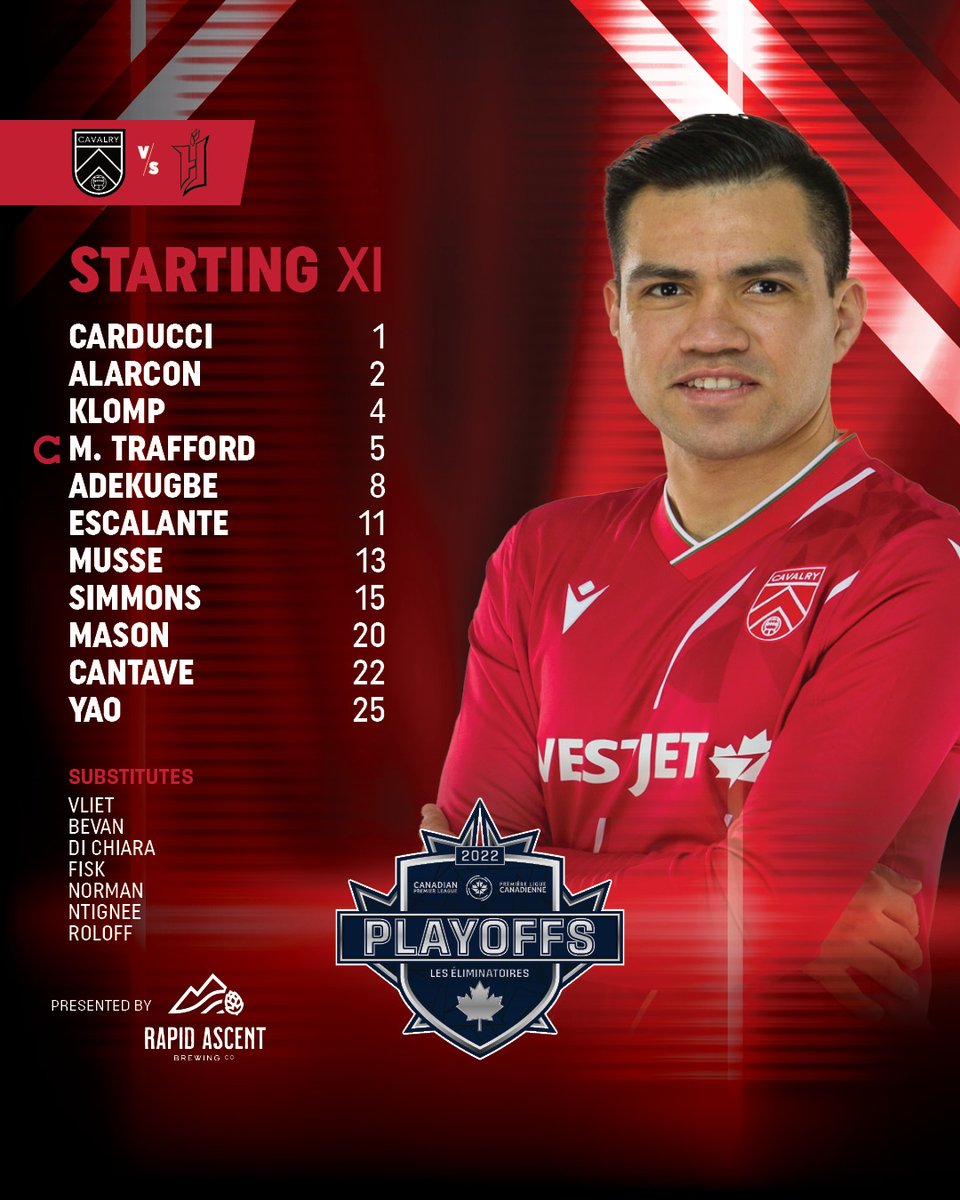 CPLCavalryFC's tweet photo. It's about to go down. 

Starting 11 brought to you by 
@RapidAscentBrew

#CavsFC🐎 #CanPLPlayoffs #CAVvFOR https://t.co/okxXlILx4m