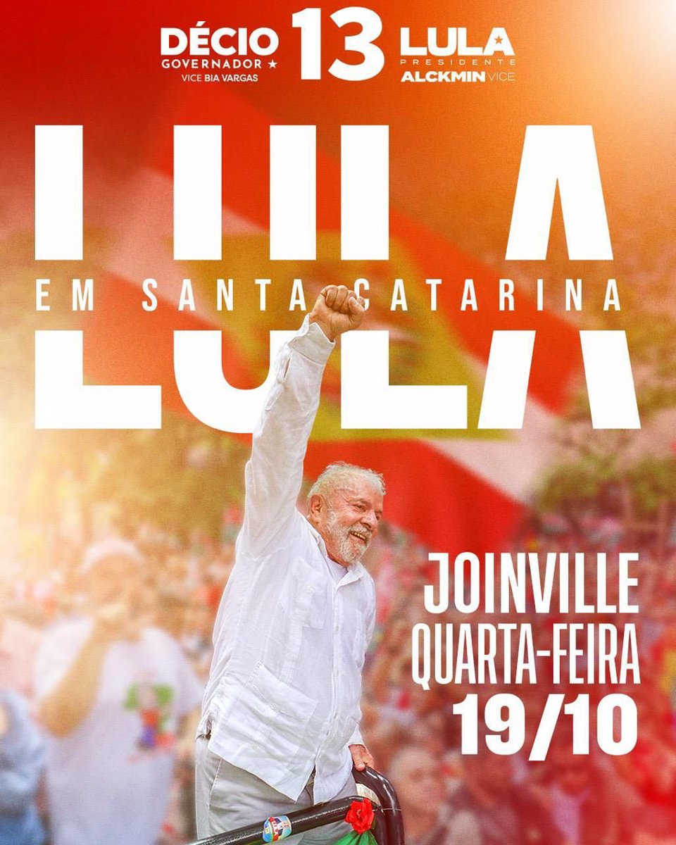 juventudelula's tweet photo. A nota aí @LulaOficial , o próximo presidente da república estará quarta feira (19) em Joinville, junto com Décio é Bia!
Lula lá, Decio aqui1️⃣3️⃣
#LulaPresidente13 #lula13 #lulaemsc https://t.co/ClKUT1Y1Jn