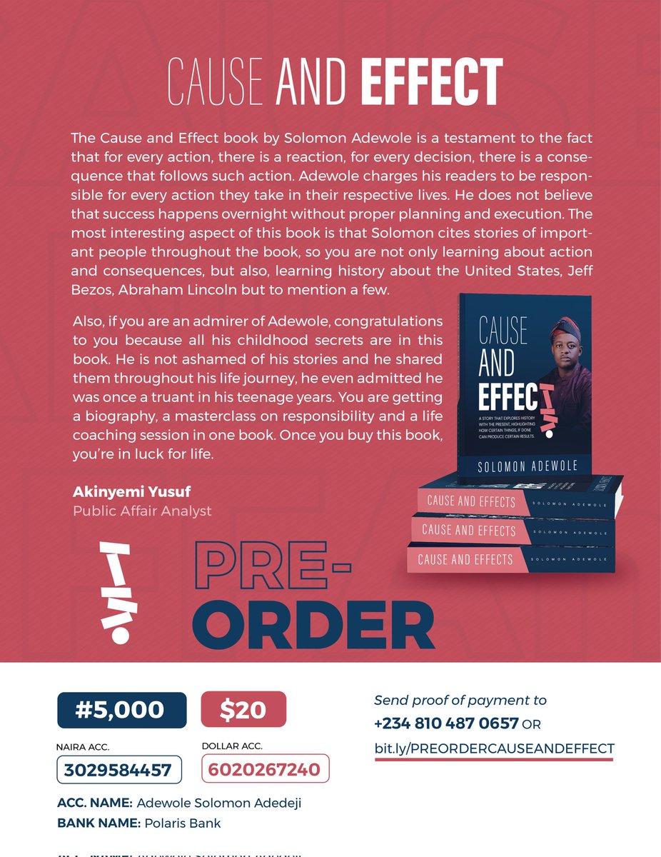 solomonadewole_'s tweet photo. Hey Twitter,
I wrote my first Book.
Title: Cause and Effect

Launch Date: 5th Nov, 2022
Venue: American Corner Ibadan
Time: 11am

Help me blow it up. Actively worked on this for two years.
#Causeandeffect https://t.co/BNCwuLN6RS