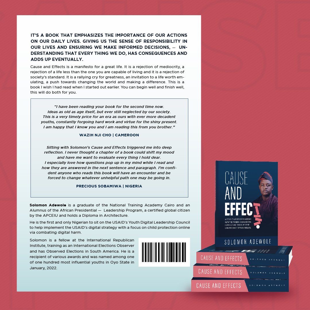 Hey Twitter,
I wrote my first Book.
Title: Cause and Effect

Launch Date: 5th Nov, 2022
Venue: American Corner Ibadan
Time: 11am

Help me blow it up. Actively worked on this for two years.
#Causeandeffect