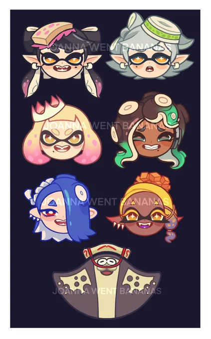 Made some cute Splatoon chibi heads for new stickers/keychains so i thought i might share them here (Fugly watermarks because people do be stealing art) 