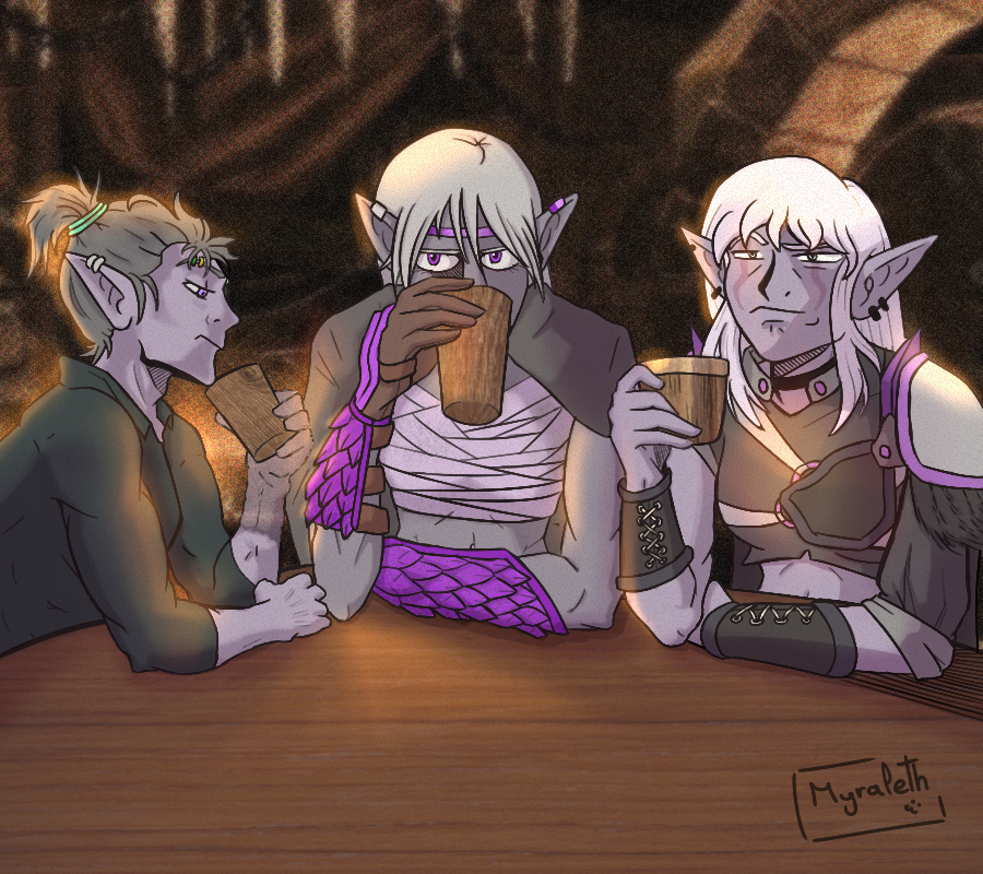 myraleth's tweet image. D&amp;amp;D
"Uhmmm thats kinda sus" 
Luanae, Irenryl, and Selaril on the tavern just having some drinks 

#dnd #myart #drows