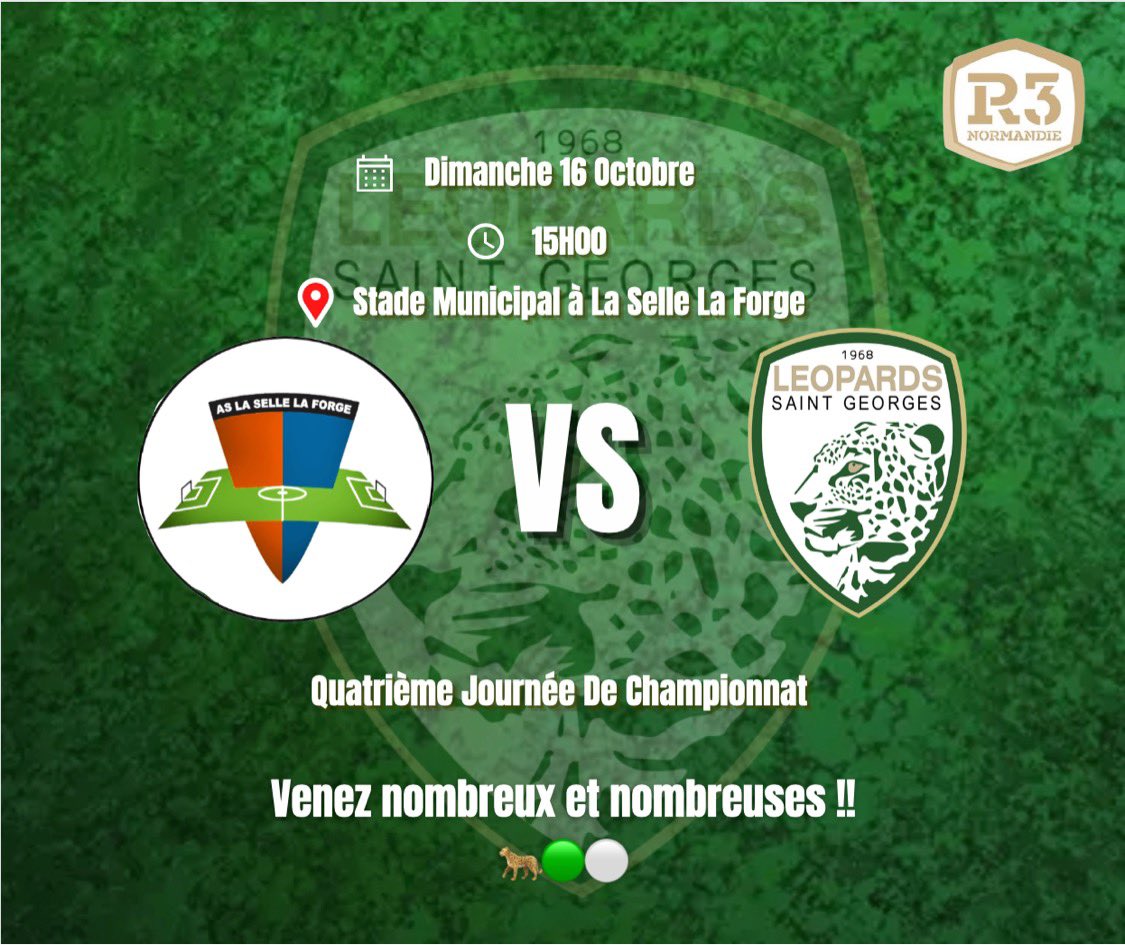 Leopards_SG's tweet photo. Tout le monde en parle déjà, c'est donc juste un rappel, le premier round du derby de la rocade a lieu demain ! 

Venez nombreux supporter nos Léopards 🥁

⚽️ Journée 4
🆚 La Selle la Forge
📅 Dimanche 16 octobre
🏟 Extérieur - La Selle
⌚️ 15h00

#Léopards 🟢⚪️ https://t.co/oEAjNXvgwv